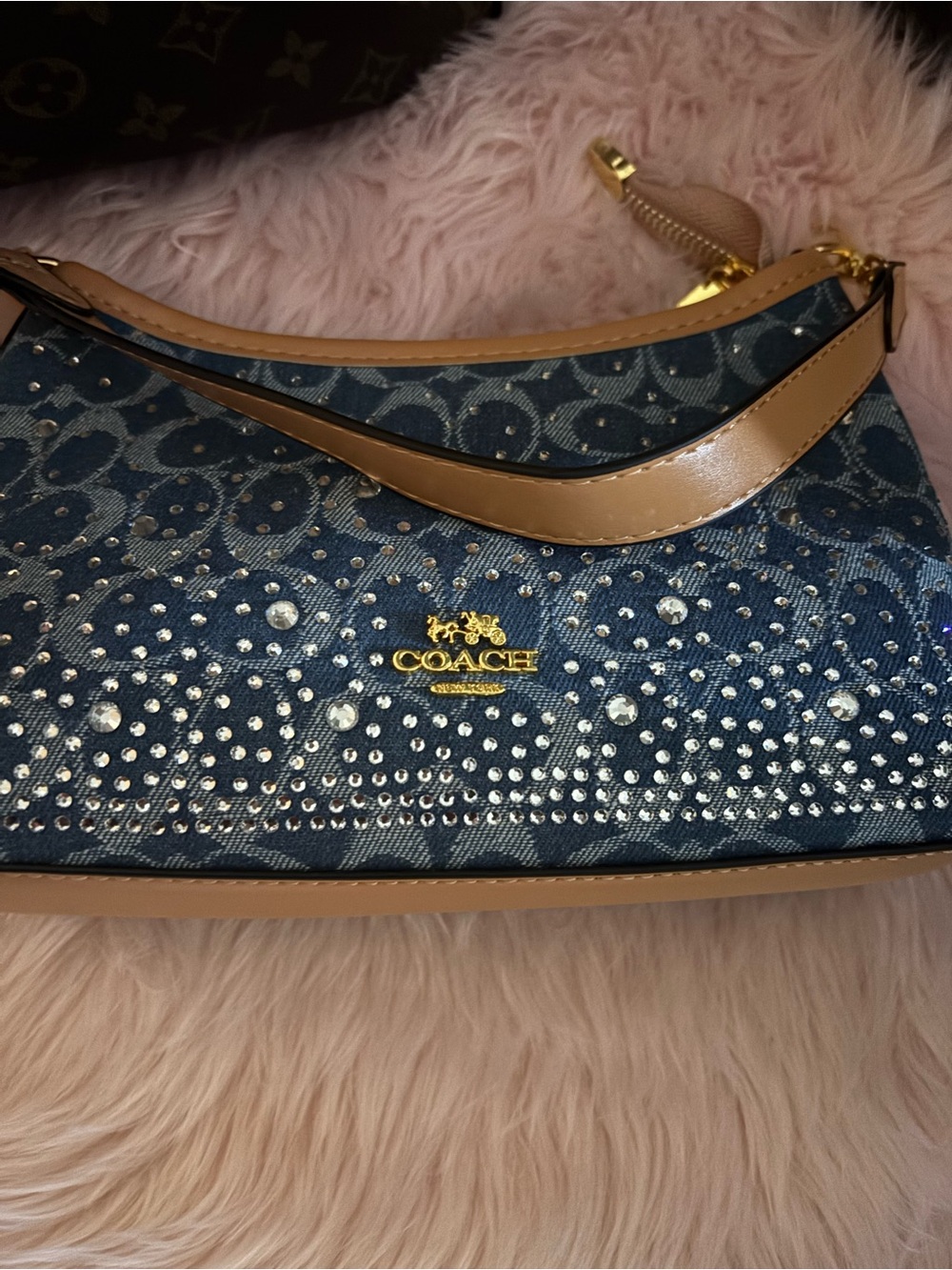 Blue Denim Mini Shoulder Bag with Tan Trim and Gold Hardware - Picture 2 of 6